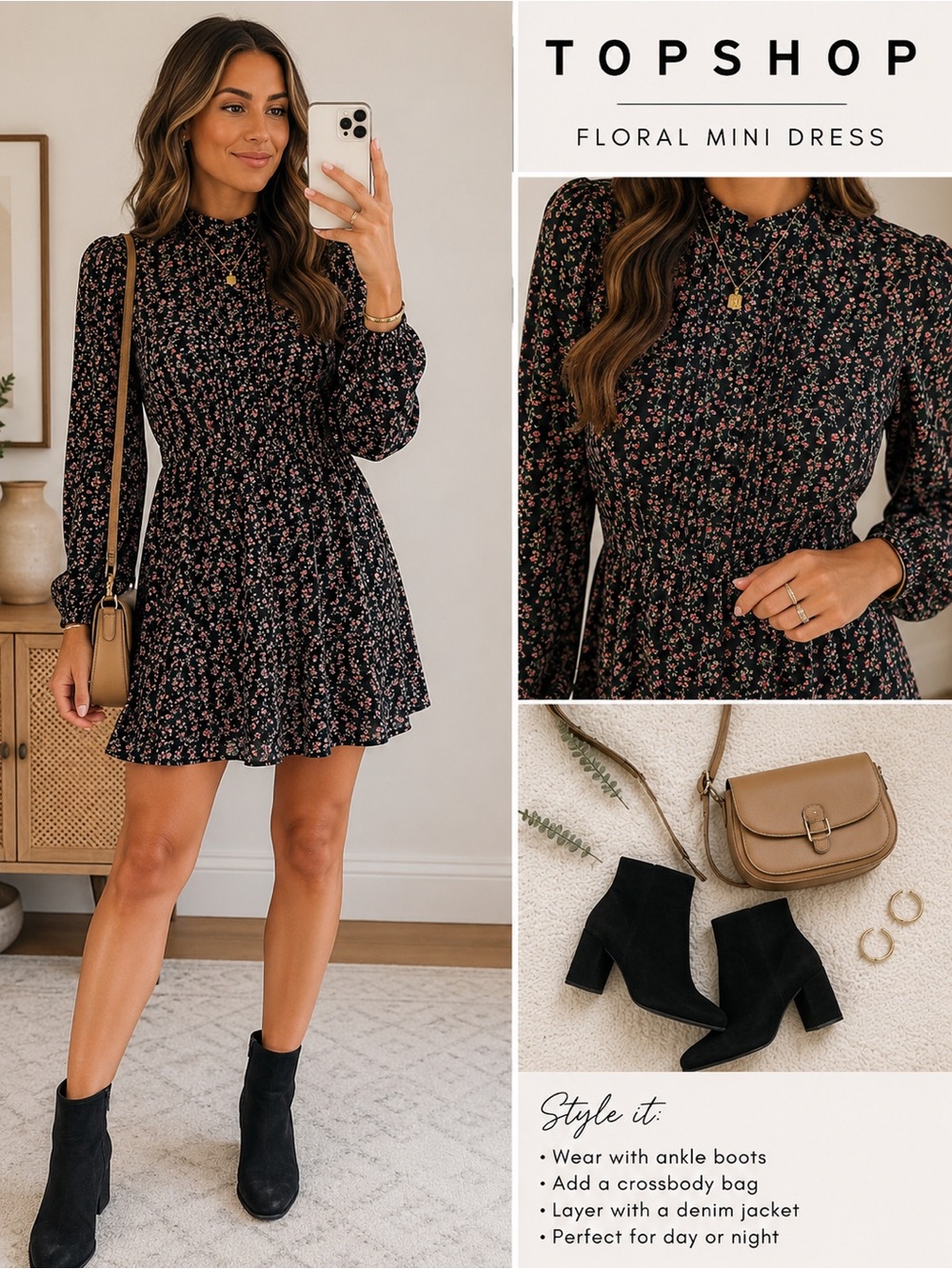 Topshop Black Floral Long Sleeve Mini Dress- Size 6